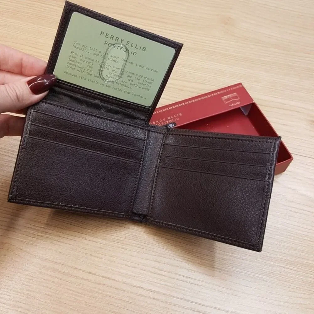 PERRY ELLIS Mens Wallet Dark Brown Leather Bifold Passcase RFID